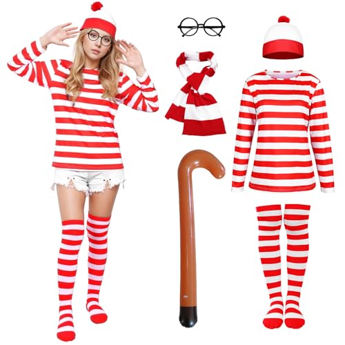 Suffolly Rot-weiß gestreiftes T-Shirt-Set für Erwachsene, 5-teiliges Wally-Kostüm, Hut, T-Shirt, Stange, Schal, Brille, Kostüm-Set, 90er-, 80er-Jahre-Kostüm, Halloween-Kostüme für Damen und Herren von Suffolly
