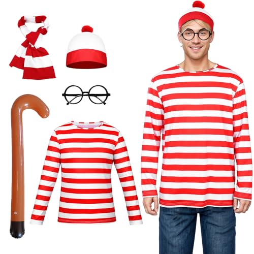 Suffolly Rot-weiß gestreiftes T-Shirt-Set für Erwachsene, 5-teiliges Wally-Kostüm, Hut, T-Shirt, Stange, Schal, Brille, Kostüm-Set, 90er-, 80er-Jahre-Kostüm, Halloween-Kostüme für Herren und Damen von Suffolly