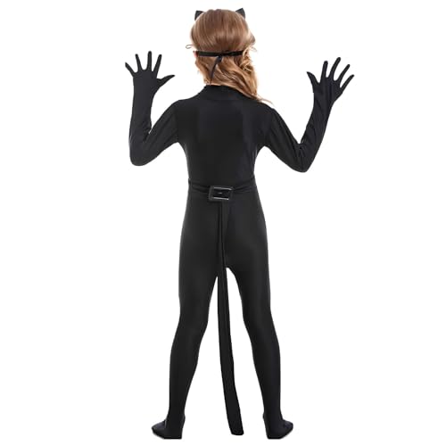 Suffolly Schwarze Katze Kostüm für Kinder Katze Cosplay Set,Tierkostüm für Kinder, Klassisches Komplettkostüm mit Zubehör für Karneval Halloween Party,L von Suffolly
