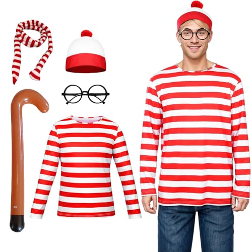 Suffolly Erwachsenenkostüm-Set, rot-weiß gestreiftes T-Shirt, Hut, Stange, Schal, Brille, 80er-90er-Jahre-Kostüm-Set, Faschingskostüm, Halloween-Kostüm für Erwachsene, Uni von Suffolly