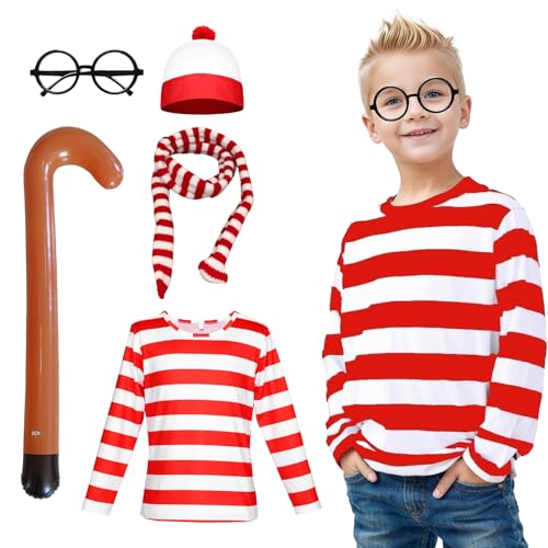 Suffolly Wally Kostüm für Kinder, Welttag des Buches, 5-teiliges Set, rot und weiß gestreiftes T-Shirt, Hut, Brille, Gehstock, Schal, Buchtagskostüme (Junge, 140) von Suffolly