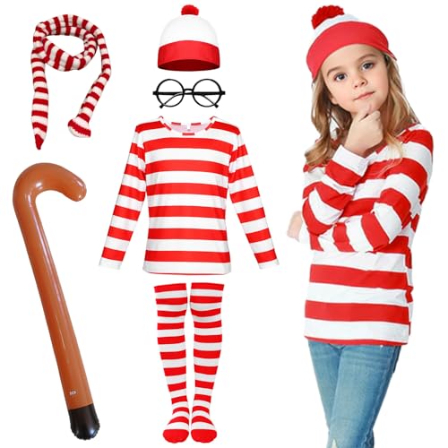 Suffolly Wally Kostüm für Kinder, Welttag des Buches, 6-teiliges Set, rot und weiß gestreiftes T-Shirt, Hut, Brille, Gehstock, Schal, Socken, Buchtagskostüme (Mädchen, 130) von Suffolly