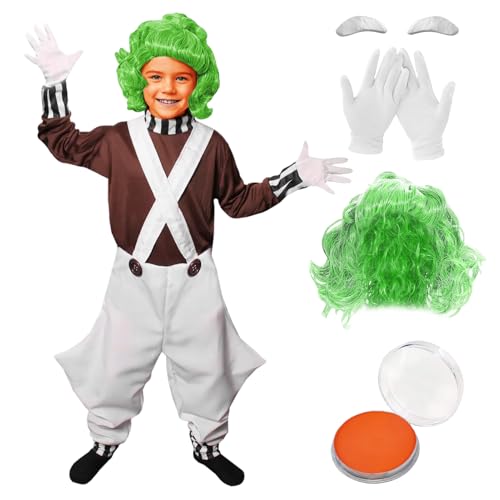 Suffolly Weltbuchtagskostüme, Schokoladenfabrik, Arbeiter-Kostüm, 6-teiliges Set, Oberteil, Hose, Handschuhe, Perücke, Augenbrauen, orangefarbenes Gesicht, Weltbuchtags-Outfits (Jungen, 150) von Suffolly