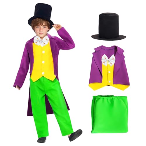 Suffolly Wonka-Kostüm, Schokoladenfabrik, Weltbuchtagskostüme für Jungen, 4-teiliges Wonka-Kostüm mit Hut, Fliege, gefälschtes zweiteiliges Oberteil, Hose, Kostüme für den Welttag des Buches (Schwarz, Suffolly Wonka-Kostüm, Schokoladenfabrik, Weltbuchtagskostüme für Jungen, 4-teiliges Wonka-Kostüm mit Hut, Fliege, gefälschtes zweiteiliges Oberteil, Hose, Kostüme für den Welttag des Buches (Schwarz, von Suffolly