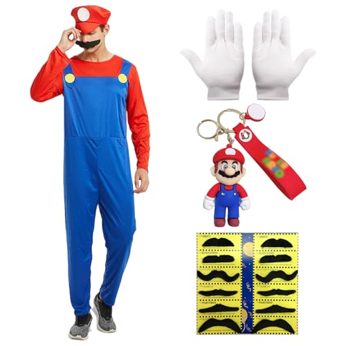 Super Brothers Kostüm Super 4pcs Klempner Set Super Brüder Cosplay Outfit für Erwachsene Kinder (Rot-Erwachsene, M) von Suffolly