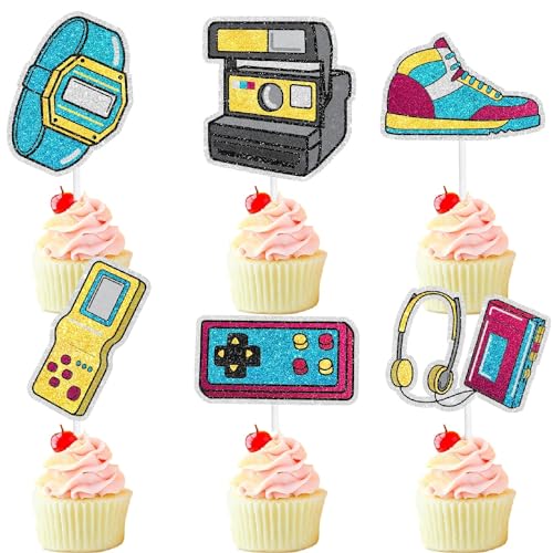 80er und 90er Jahre Retro Motto Party Happy Birthday Cupcake Toppers 18-teiliges Set - Perfekt für Retro Motto Geburtstagspartys, 80er oder 90er Jahre Motto-Partys Dekorationen, für Jungen und Mädchen von SugarGera