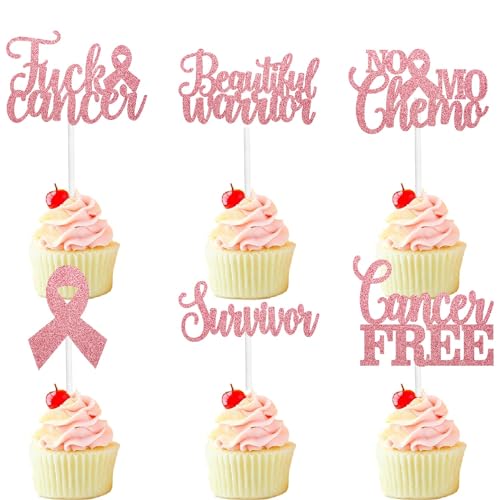 Krebsfreie Cupcake-Topper Set von 18 – Krebskrieger-Party, Krebsparty für Krebsüberlebende, Brustkrebsbewusstsein, rosa Glitzerband, keine Mo Chemo-Dekoration – SugarGera von SugarGera