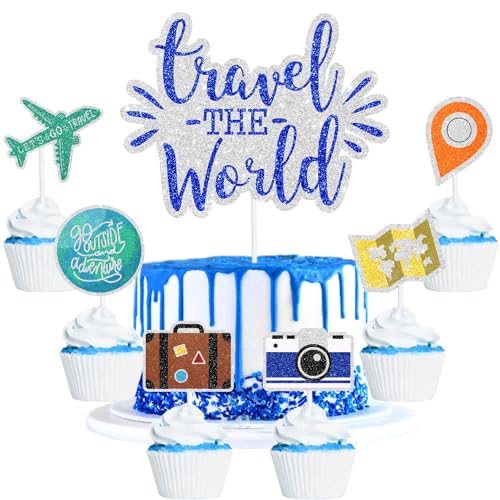 Travel the World Themed Cake Decoration Set of 7 - Let's Travel Around the World Retirement Party, Wedding Party, Around the World Adventure Themed Happy Birthday Party, Decorations for Boys and Girls von SugarGera
