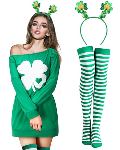 Suhine St. Patrick's Day Kostüm Outfit für Damen, Irischer Kobold, grünes Hemd, Kleid, gestreifte Socken, Stirnband, Zubehör, 3 Stück, clover, M von Suhine