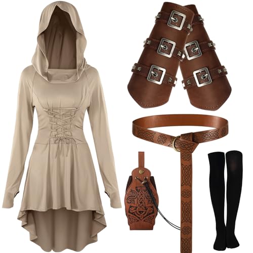 Suhine 5-teiliges Karnevalskostüm, Renaissance-Damen-Kostüm, mittelalterlicher Kapuzenmantel, Vintage-Stil, Kunstleder-Armtasche, Gürtel (mittelgroß, hellbraun) von Suhine