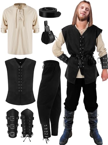 Suhine 6-teiliges Herren-Kostüm-Set für Halloween, Renaissance, Mittelalter-Weste, Hemd, Knöchelhose, Wikingergürtel, Armband-Tasche (Vintage-Farbe, Größe XX-Large) von Suhine