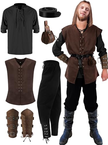 Suhine 6-teiliges Herren-Kostüm-Set für Halloween, Renaissance, Mittelalter-Weste, Hemd, Knöchelhose, Wikingergürtel, Armbandtasche, Elegante Farbe., X-Large von Suhine
