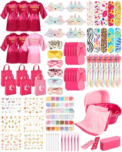 Suhine 6-teiliges Spa-Partyzubehör für Mädchen, Kinder, Satin-Bademäntel, Nagelsalon-Set, Spa-Set, Zubehör für Geburtstagspartys (niedliche Farben) von Suhine