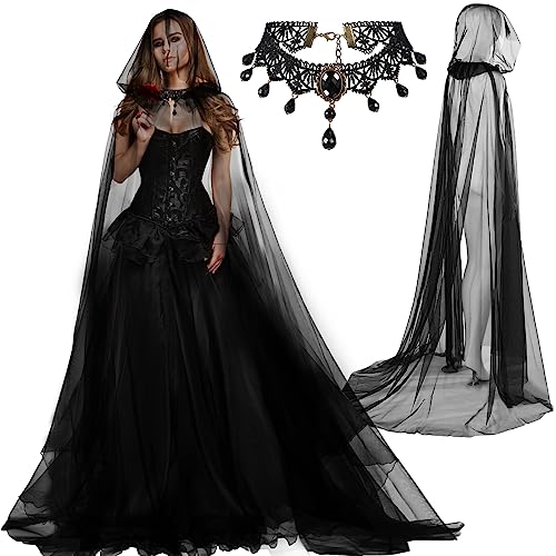 Suhine Halloween-Geister-Kostüm-Set, Hexenumhang, Spuktüll, Kapuzenumhang und Gothic-Spitzen-Choker für Damen, Braut, Cosplay, Schwarz, 70.9 Inch Suhine Halloween-Geister-Kostüm-Set, Hexenumhang, Spuktüll, Kapuzenumhang und Gothic-Spitzen-Choker für Damen, Braut, Cosplay, Schwarz, 70.9 Inch von Suhine