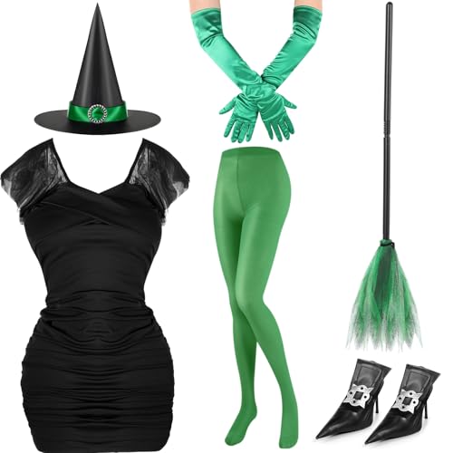 Suhine Hexenkostüme für Damen, 6 Stück, Grün und Schwarz, Hexen-Outfit, Zubehör für Erwachsene, Halloween, Cosplay-Set (groß) von Suhine