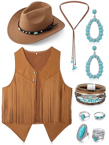 Suhine Western-Outfits für Damen, Cowgirl-Weste, Boho-Cowboyhut, Schmuck-Set für Halloween, Cosplay (Khaki, Medium), 9 Stück von Suhine