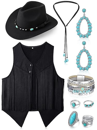 Suhine Western-Outfits für Damen, Cowgirl-Weste, Boho-Cowboyhut, Schmuck-Set für Halloween, Cosplay (schwarz, groß), 9 Stück von Suhine