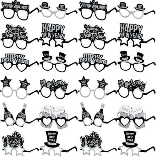 24er Pack Happy New Year Brillen 2025 Silvester Zubehör - Neuartige Papier Brillen Schick Glitzer Dekorative Sonnenbrillen Foto Requisiten - Happy New Year Deko Gastgeschenke (Silber und Schwarz) 24er Pack Happy New Year Brillen 2025 Silvester Zubehör - Neuartige Papier Brillen Schick Glitzer Dekorative Sonnenbrillen Foto Requisiten - Happy New Year Deko Gastgeschenke (Silber und Schwarz) von Suilung
