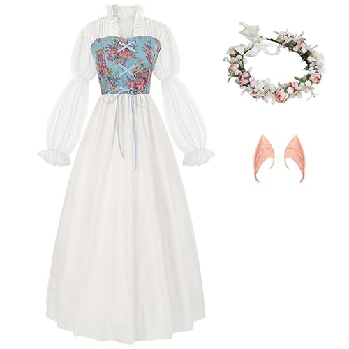 SuitsLink 3-teiliges Damenkleid, mittelalterliches Renaissance-Kleid, Cosplay, viktorianische Maskerade, formelle Kleider, Hochzeitsgästekleider, Weiss/opulenter Garten, L von SuitsLink