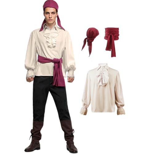 SuitsLink 3-teiliges Vampir-Kostüm-Set für Herren, Piratenhemd, Stirnband und Gürtel für Halloween, Mittelalter, Renaissance, Motto-Partys (beige, klein) von SuitsLink