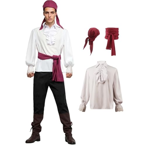 SuitsLink 3-teiliges Vampir-Kostüm-Set für Herren, Piratenhemd, Stirnband und Gürtel für Halloween, Mittelalter, Renaissance, Motto-Partys (weiß, X-Large) von SuitsLink