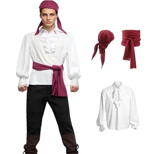 SuitsLink Vampir-Kostüm-Set für Herren, Piratenhemd, Stirnband und Gürtel für Halloween, Mittelalter, Renaissance, Motto-Partys (weiß, Größe XX-Largearge) von SuitsLink