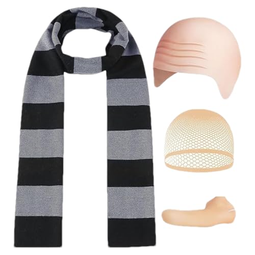 Gestreifter Schal, Halloween-Kostüm-Set, Party-Kopfbedeckung, Kostüm-Set, 4 x Party, kahle Perücke, Hut, falsche Nase, gestreifter Schal, Erwachsenengröße, Zubehör Gestreifter Schal, Halloween-Kostüm-Set, Party-Kopfbedeckung, Kostüm-Set, 4 x Party, kahle Perücke, Hut, falsche Nase, gestreifter Schal, Erwachsenengröße, Zubehör von Sulxyi