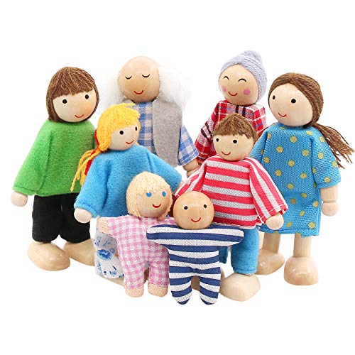 SumDirect 8-Stücke Holz Familienpuppen Spielset, Puppenfamilie Holzpuppen, Puppenhaus Kinderspielzeug von SumDirect