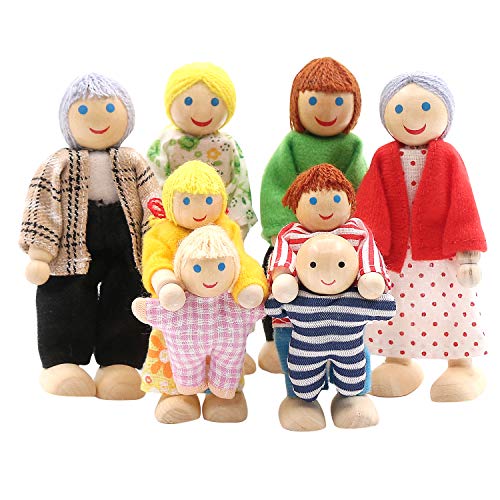SumDirect 8-Stücke Holz Familienpuppen Spielset, Puppenfamilie Holzpuppen, Puppenhaus Kinderspielzeug von SumDirect