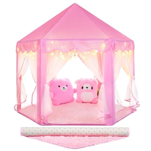 Sumbababy Spielen Zelte für Kinder Prinzessin Schloss Zelt mit Teppich für Mädchen Fee Sechseck Spielhaus Spielzeug für Kinder oder Kleinkinder Indoor-Spiele (Rosa) von Sumbababy