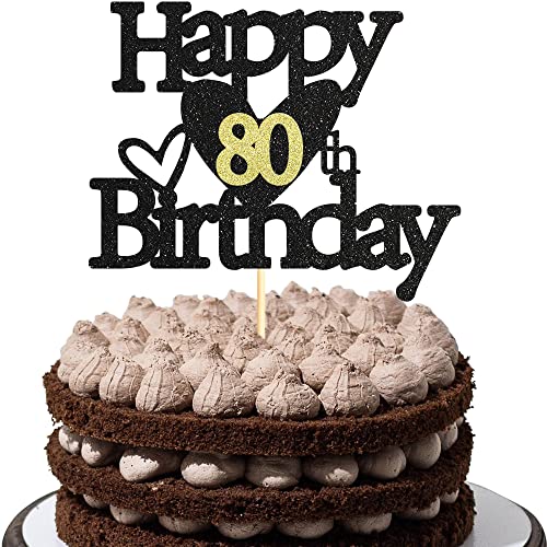 Sumerk 1 Stück 80.Geburtstag Tortendeko Schwarz Gold Happy 80th Birthday Cake Topper für 80.Geburtstag Party Kuchen Deko Mädchen Jungen von Sumerk