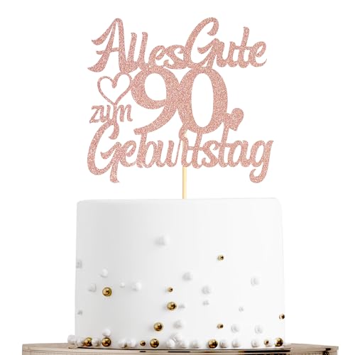 Sumerk Tortenaufsatz zum 90. Geburtstag in Roségold mit Glitzer, Doppelseitige Glitzer Tortendekoration zum 90. Geburtstag – 1 Stück von Sumerk