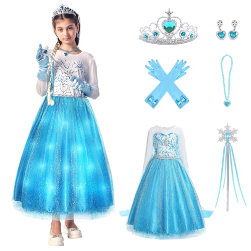 Sumickx Blau Prinzessin Kleid Kostüm mit Lichter für Mädchen Halloween Weihnachten Geburtstag Cosplay Outfits (Blau, 7-9 Jahre) von Sumickx