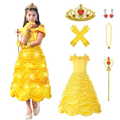 Sumickx Gelb Prinzessin Kleid Kostüm mit Lichter für Mädchen Halloween Weihnachten Geburtstag Cosplay Outfits (Gelb, 10-12 Jahre) von Sumickx