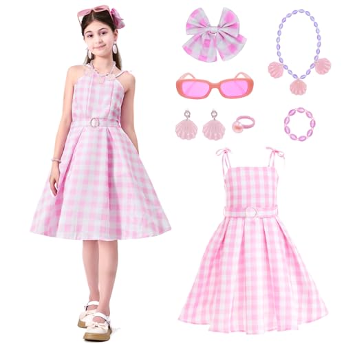 Sumickx Prinzessin Rosa Plaid Kostüm für Kinder Mädchen Kleider Retro Outfits Halloween Dress Up mit Zubehör (Rosa, 7-9 Jahre) von Sumickx