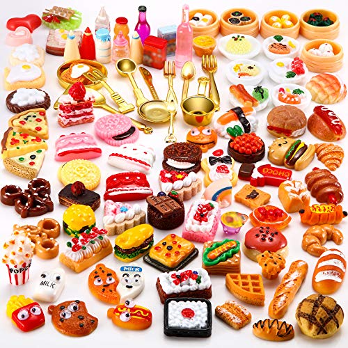 100 Stücke Miniatur Lebensmittel Getränke Spielzeug Gemischt Vorgeben Lebensmittel für Puppenhaus Küche Spielharz Mini Essen für Erwachsene Teenager Puppenhaus von Sumind