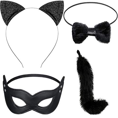 4 Stücke Katzen Kostüm Set, Langes Fell Katzen Schwanz Cosplay Set Halloween Verkleidung Kostüm Satz, Katzenohren Stirnband Schwanz, Fliege, Harlekin Maske für Valentinstag Halloween 4 Stücke Katzen Kostüm Set, Langes Fell Katzen Schwanz Cosplay Set Halloween Verkleidung Kostüm Satz, Katzenohren Stirnband Schwanz, Fliege, Harlekin Maske für Valentinstag Halloween von Sumind