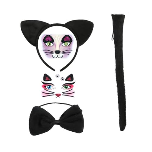 SummitEdge 5 Stück Katzenkostüm Kinder Damen für Halloween Karneval Cosplay, Katzenohren Haarreif, Katzenschwanz, Fliege, Gesicht Sticker für Katzenkostüme Karneval Halloween Cosplay Tierkostümen SummitEdge 5 Stück Katzenkostüm Kinder Damen für Halloween Karneval Cosplay, Katzenohren Haarreif, Katzenschwanz, Fliege, Gesicht Sticker für Katzenkostüme Karneval Halloween Cosplay Tierkostümen von SummitEdge