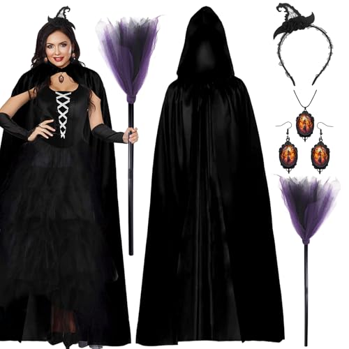 SummitEdge 6 Stück Halloween Kostüm Hexenkostüm Damen, Schwarzer Umhang mit Kapuze, Vampir Umhang Damen, Hexenhut Haarreifen, Hexenbesen für Karneval Halloween Cosplay von SummitEdge