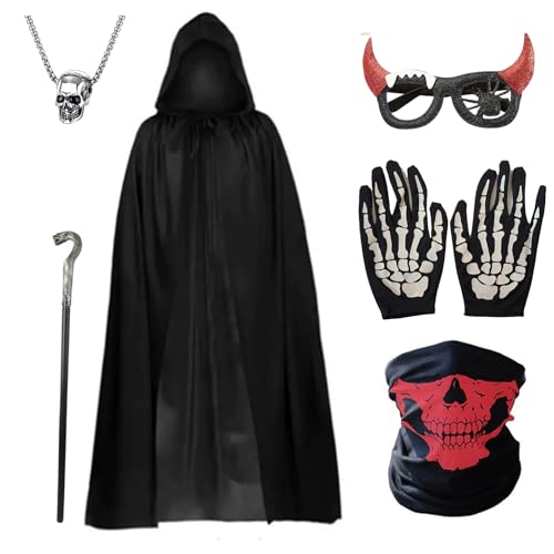 SummitEdge 6 Stück Sensenmann Kostüm Herren Damen, Halloween Kostüm Gruselig Sensenmann Umhang Schwarz mit Kapuze, Zepter, Maske, Handschuhe, Anhänger, Brille für Erwachsene Halloween Karneval Cosplay von SummitEdge