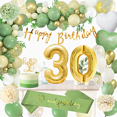 30 Geburtstag Deko Frauen, Geburtstagsdeko 30 Männer, Grün Gold Deko 30 Geburtstag Luftballon mit Happy Birthday Banner, Ballon Girlande Pompons Grün für Frau Mann 30. Geburtstag Dekorationen von Sumtoco