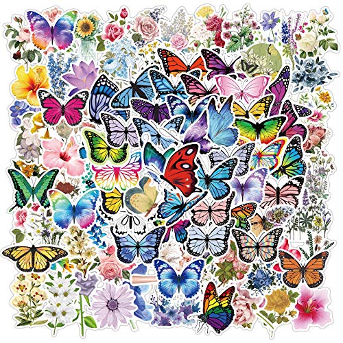 100 Stück ästhetische wasserdichte Vinyl-Anime-Aufkleber für Wasserflasche, Laptop, Kinder, Teenager, Mädchen, Jungen, Erwachsene (Schmetterlinge und Blumen) von Sun Awesome