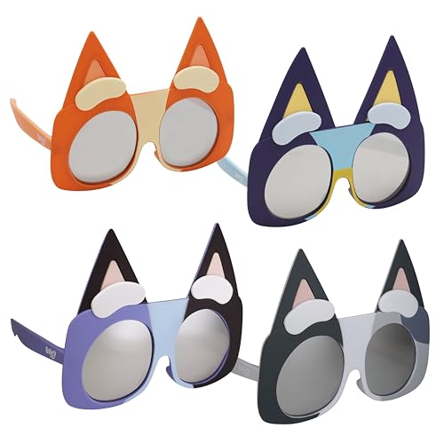 Sun-Staches Bluey Sonnenbrille, 4 Stück, zum Verkleiden, für Motto-Partys, Fotoaufnahmen, inklusive Blau, Bingo, Muffins und Socken, Einheitsgröße für die meisten Kinder von Sun-Staches