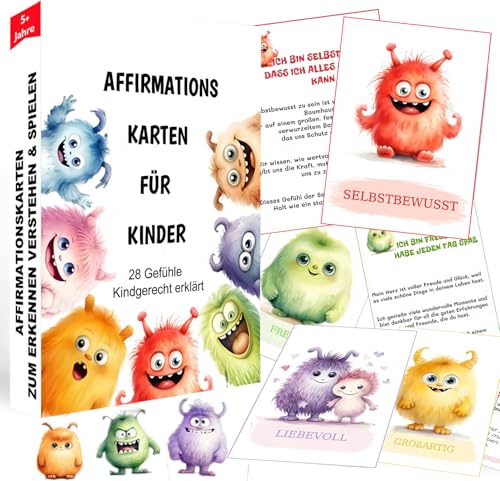Gefühlskarten für Kinder, 28 Gefühlsmonster Karten für gefühlsstarke Kinder mit Erklärungstexten, Emotionale Spiel und Lernkarten ab 5 Jahre, Pädagogisch wertvoll für Familie, Kita, Schule & Therapie von SunAurora