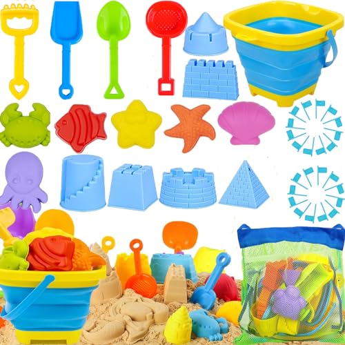 SunAurora Sandspielzeug Set für Kinder, 43 Stück Strandspielzeug,Sandkasten Spielzeug mit Sandschaufel, Faltbares Eimer, Sandformen, Netzbeutel für ab 1 2 3 4 5 Jahre Mädchen Junge von SunAurora