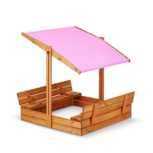Premium Imprägniert Sandkasten mit Dach mit Sonnenschutz mit UV-Schutz Sandbox mit Abdeckung mit Sitzbänken mit Deckel mit Plane Sandkiste Sandkastenvlies Holz Rosa von SunWood