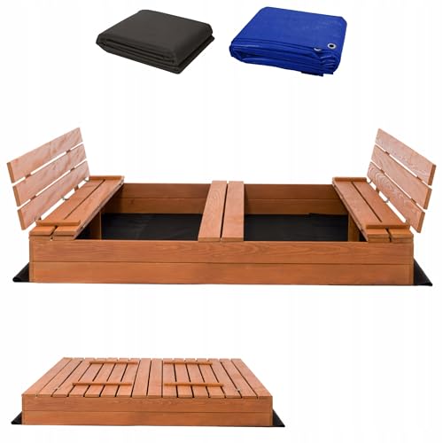 Premium Sandkasten XXL 160x160 cm Imprägniert Sandbox mit Abdeckung Sitzbänken Deckel Plane Sandkiste Holz Kiefer Sandkastenvlies (160x160cm) von SunWood