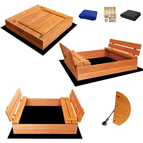 SunWood Sandkasten 100x100 cm Imprägniert Premium Sandbox mit Abdeckung Sitzbänken Deckel Plane Sandkiste Holz Kiefer Sandkastenvlies Amber-Imprägniert von SunWood