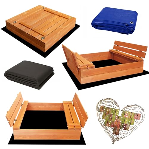 SunWood Sandkasten 100x100 cm Imprägniert Premium Sandbox mit Abdeckung Sitzbänken Deckel Plane Sandkiste Holz Kiefer Sandkastenvlies Amber-Imprägniert von SunWood