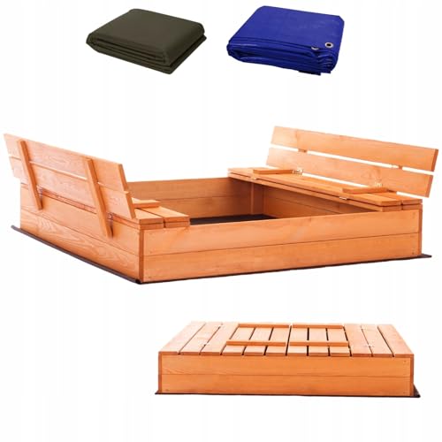 Sandkasten 120x120 Imprägniert Premium Sandbox mit Abdeckung Sitzbänken Deckel Plane Sandkiste Holz Kiefer Sandkastenvlies von SunWood
